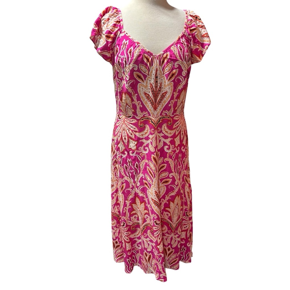 LOFT Pink Paisley Medallion V-Neck Puff Sleeve Midi‎ Dress Size 8 #174